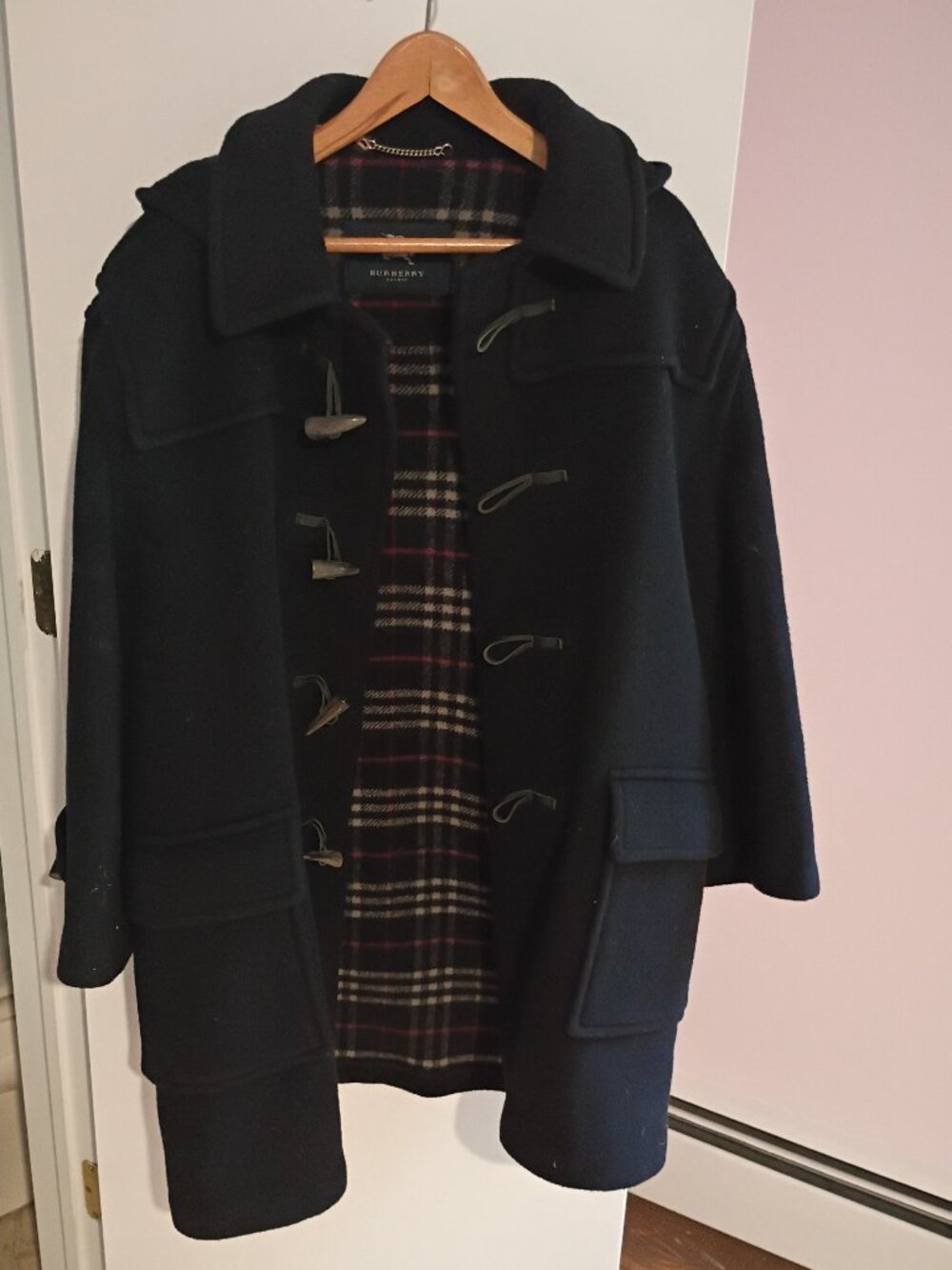 Burberry Navy Blue Hooded Wool Duffle Coat L